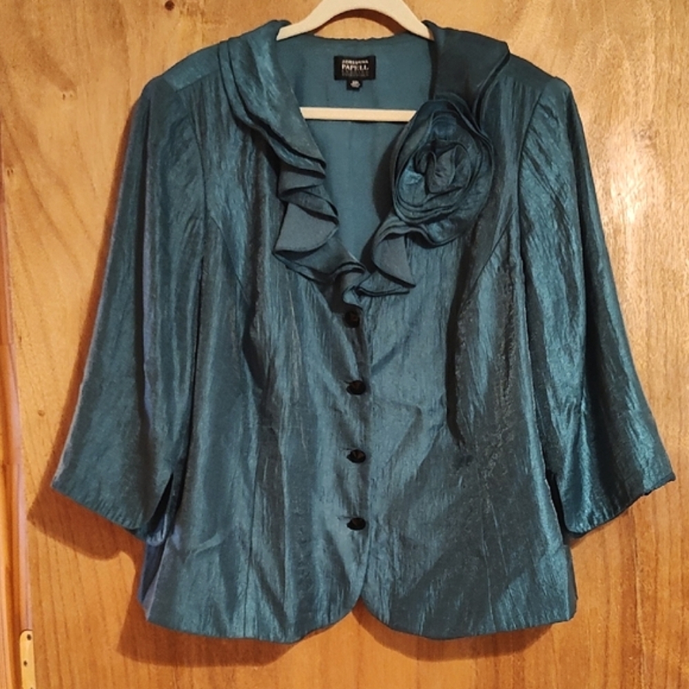 Adrianna Papell Gorgeous Teal Taffeta Formal Jacket Waterfall Ruffle Flower 22W